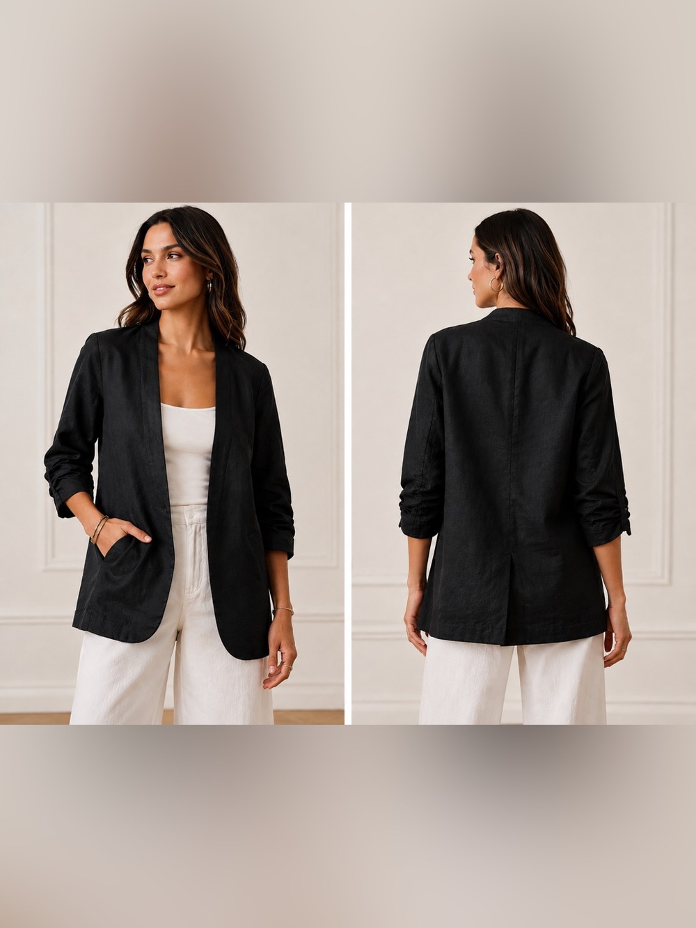 Women's Black Linen Open-Front Blazer Jacket